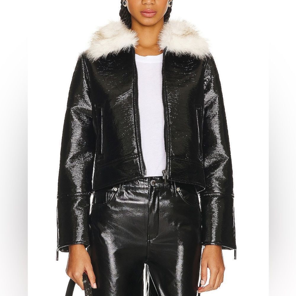 Unreal Fur Women’s Black Wet Look Aviator Jacket Faux Leather Faux Fur Size XS